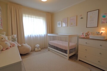 Baby room with crib, changing table, and stuffed animals displaying comfort and soft colors