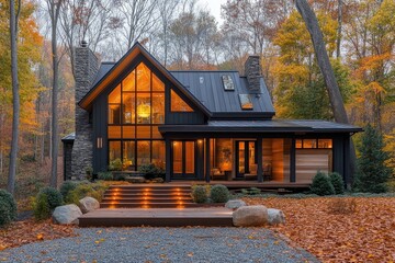Obraz premium Modern wooden house with glowing windows nestled in autumn forest