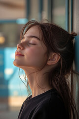 Fototapeta premium A young girl with her eyes closed, leaning against a wall, with her hair blowing in the wind