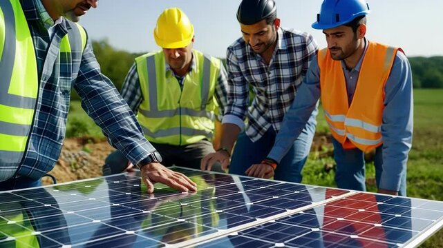 A group of architects and engineers discussing the placement of solar panels on a blueprint of a sustainable development project.