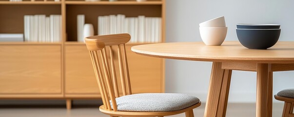Cozy modern dining area with a wooden table, stylish bowls, and a comfortable chair. Perfect for creating a warm and inviting home atmosphere.
