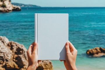People hands holding a white book mock-up with copy space in front of a beautiful beach
