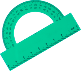 green transparent half circle protractor with ruler isolated white background, angle measurement tool used in geometry, drafting, clear see through design