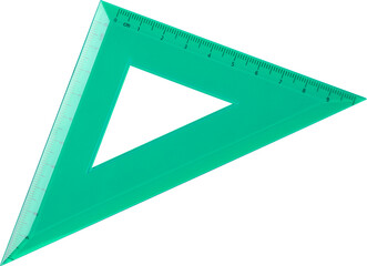 green transparent 45 degree set square isolated white background, triangular tool used in drawing...