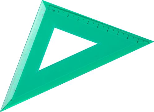 green transparent 45 degree set square isolated white background, triangular tool used in drawing straight lines and technical geometric drawing, clear see through design