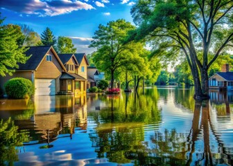 Obraz premium Flooded Neighborhood Panorama: Houses and Trees Underwater Scene for Environmental Awareness