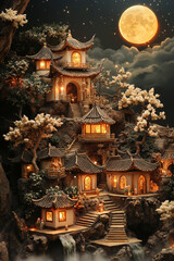 Fototapeta premium A miniature village with traditional Chinese architecture, illuminated by lanterns and set against a night sky with a full moon