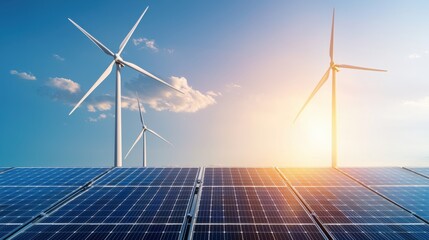 Panoramic view of a wind farm alongside a field of solar panels at sunset, creating a vibrant image of sustainable power in harmony with nature