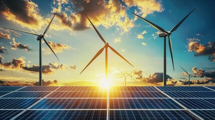 Panoramic view of a wind farm alongside a field of solar panels at sunset, creating a vibrant image of sustainable power in harmony with nature