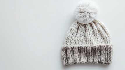 Gray knitted winter hat with a white pom-pom. Image made using Generative AI.