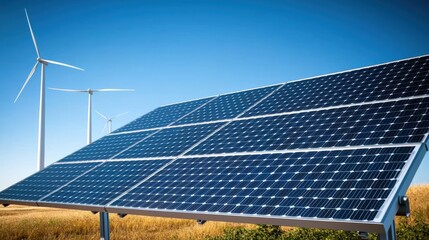 Solar panels glistening under a clear blue sky, with a row of wind turbines spinning in the distance, capturing a peaceful scene of clean energy