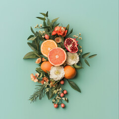 Fruits and flowers bouquet on pastel green background