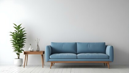 A modern blue sofa with wooden legs in a minimalist living room with a white wall and a wooden side table.