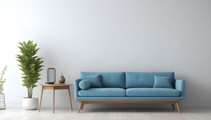 A modern blue sofa with wooden legs in a minimalist living room with a white wall and a wooden side table.