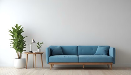 A modern blue sofa with wooden legs in a minimalist living room with a white wall and a wooden side table.
