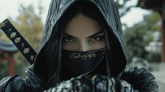 Asian woman character ninja samurai assassin fighter dangerous in hood costume background wallpaper AI generated image