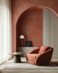 Minimalist, loft interior design of modern living room. Accent lounge chair against stucco wall and concrete column.