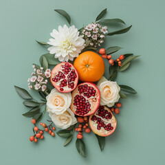 Flowers and fruits bouquet on green background