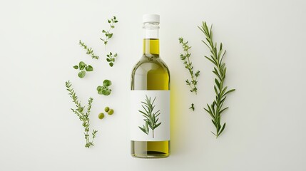 Olive Oil Bottle with Fresh Herbs on White Background