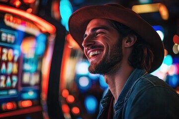 Fototapeta premium Portrait of a happy gambler win money in in casino playing at slot machines, Depth of field