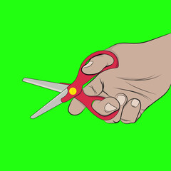 Vector hand with red scissors, small scissors, green chroma key background.