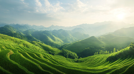 Fototapeta premium The natural scenery of tea garden terraces in the early morning
