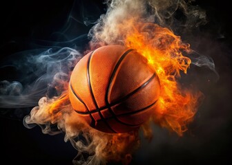 Orange Smoke Basketball Night Photography AI Art, Black Background, Dramatic, Realistic
