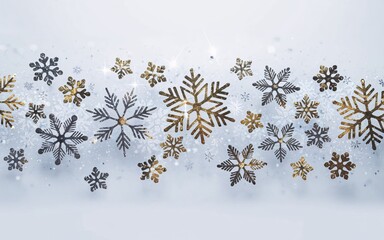 A horizontal banner of gold and silver snowflakes with a sparkly background.