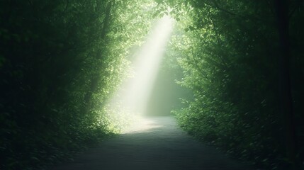 A forest pathway leading into a bright light, symbolizing new paths, new journey with uncertainty and mystery.