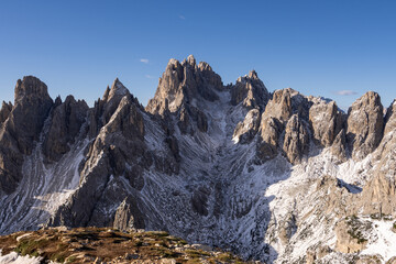 Grand peak rock mountain of Cadini di Misurina. Location place Tre Cime di Lavaredo, Dolomites,...