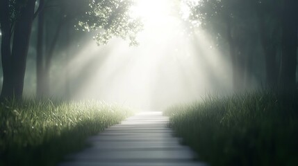 A forest pathway leading into a bright light, symbolizing new paths, new journey with uncertainty and mystery.