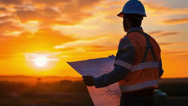 A striking image of a worker holding a blueprint against the backdrop of a rising sun symbolizing the beginning of a new construction project.