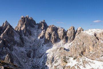 Grand peak rock mountain of Cadini di Misurina. Location place Tre Cime di Lavaredo, Dolomites, Italy