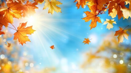Obraz premium Autumn background with maple leaves and bokeh,Fall blurred background, Yellow and red maple leaves are flying and falling down. Autumnal landscape.water drop on leaf,space for text.