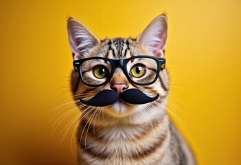 Mischievous cat wearing glasses and mustache against a playful yellow background