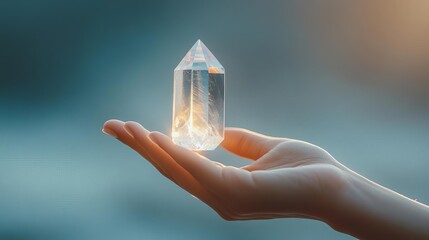A hand gently holding a crystal with light refracting, symbolizing clarity and transformation, high detail, soft lighting
