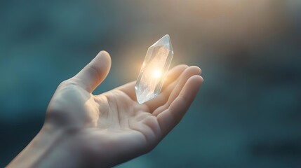 A hand gently holding a crystal with light refracting, symbolizing clarity and transformation, high detail, soft lighting