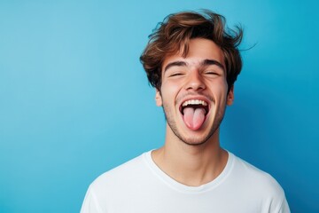 Portrait of a young caucasian man sticking his tongue out isolated on blue background