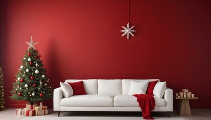 A white sofa with red and white pillows against a red wall with a Christmas tree in the background.