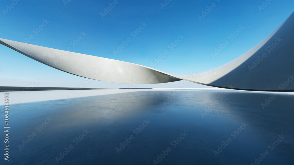 Poster 3d render of white futuristic architecture, abstract wavy structure with empty concrete floor