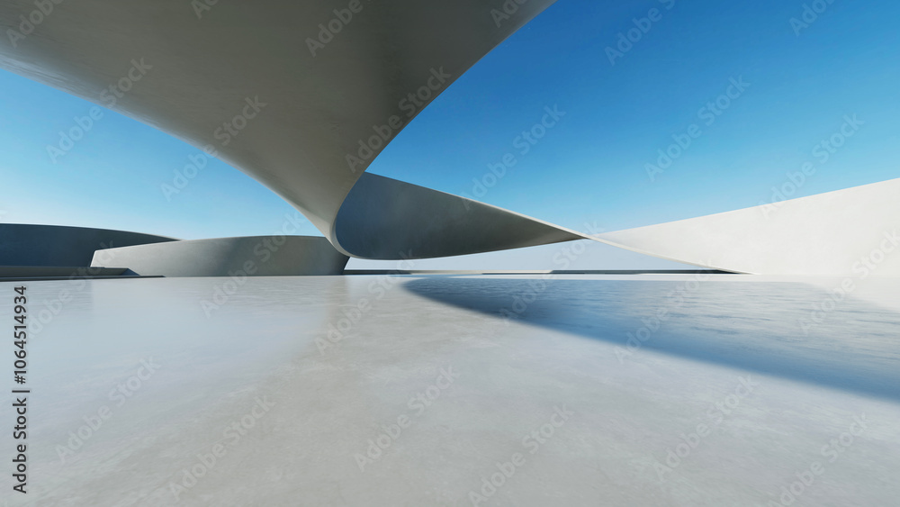 Poster 3d render of white futuristic architecture, abstract wavy structure with empty concrete floor
