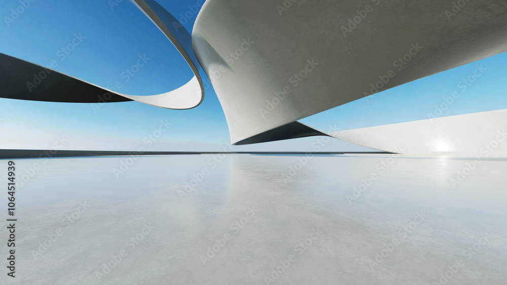 Poster 3d render of white futuristic architecture, abstract wavy structure with empty concrete floor