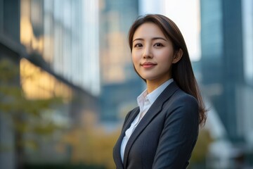 A attractive Asian woman in suit outdoors with a blurry business center in backdrop