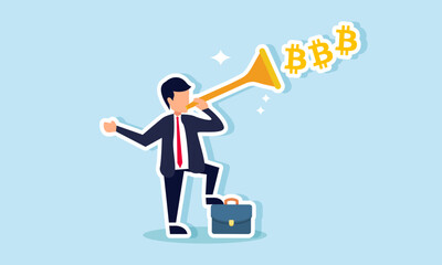 A businessman blows a trumpet, releasing several bitcoin signs, illustration of passion in managing bitcoin investments