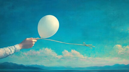 A hand letting go of a rope tied to a floating balloon, symbolizing release,change and freedom. Bright blue sky, pastel colors, surreal style