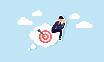 businessman feeling sad, sitting on a cloud of dreams that contains a target board, illustration of sadness caused by failing to meet business goals