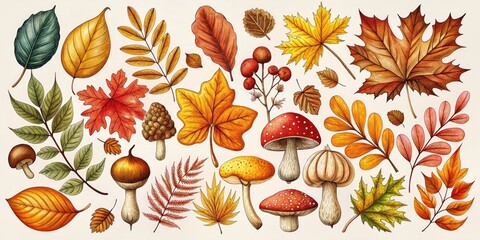 Autumn Botanical Collection: Hand-Drawn Foliage, Mushrooms, Floral Designs for Logos, Weddings, Invitations, and Decor - Tilt-Shift Photography Style
