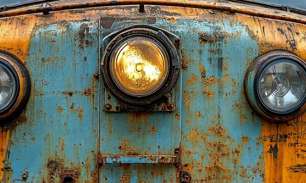 Close-up of a weathered train front with rust and a glowing headlight.