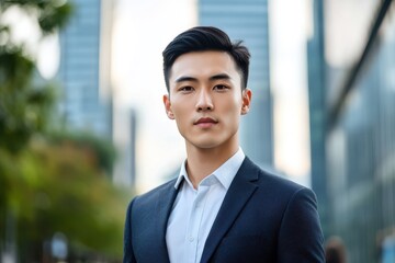 A handsome Asian man in suit outdoors with a blurry business center in backdrop
