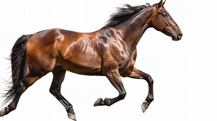 Obraz premium Majestic Brown Horse Galloping with Flowing Mane on White Background